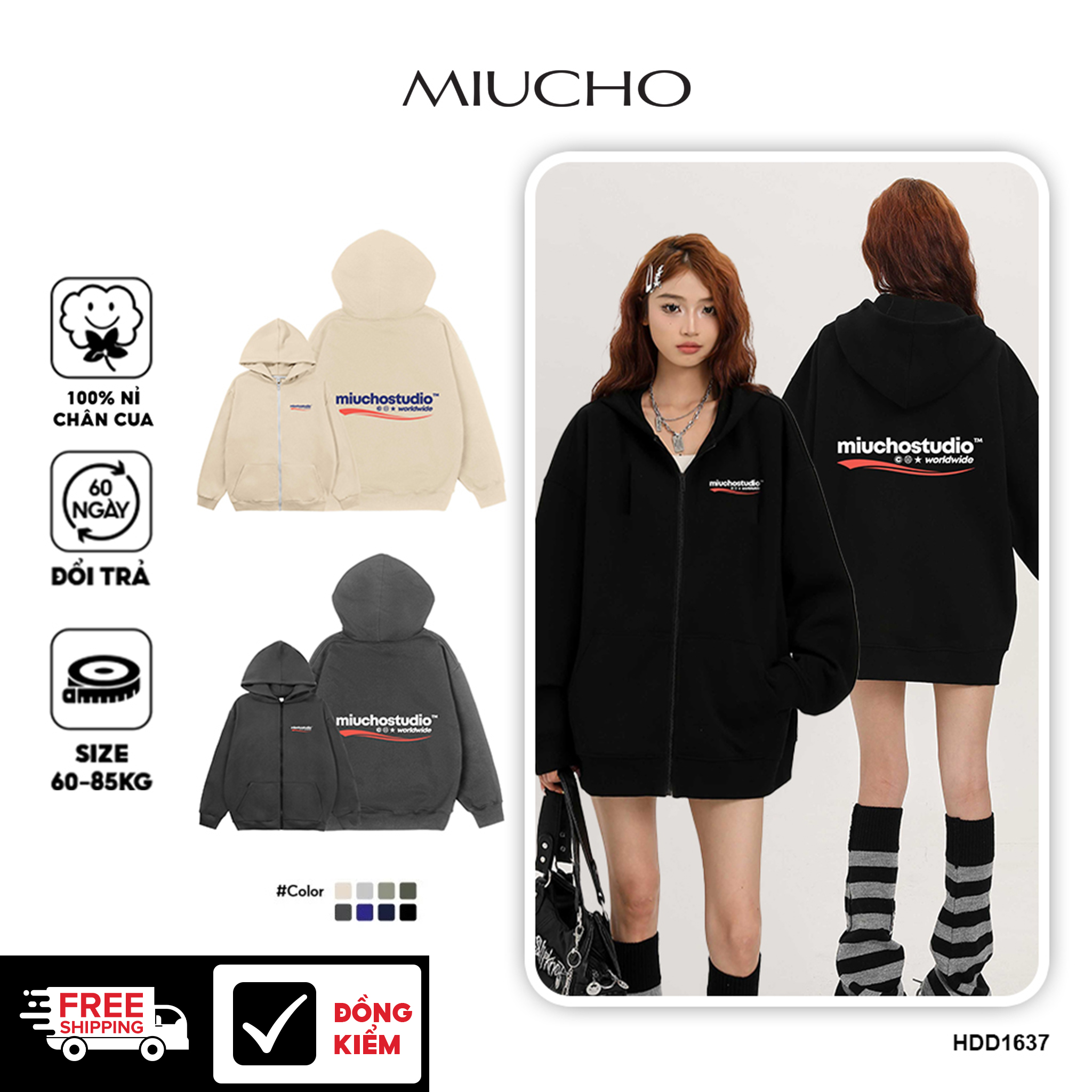 Áo hoodie zip local brand form rộng vải nỉ chân cua HZD1637 Miucho in typography
