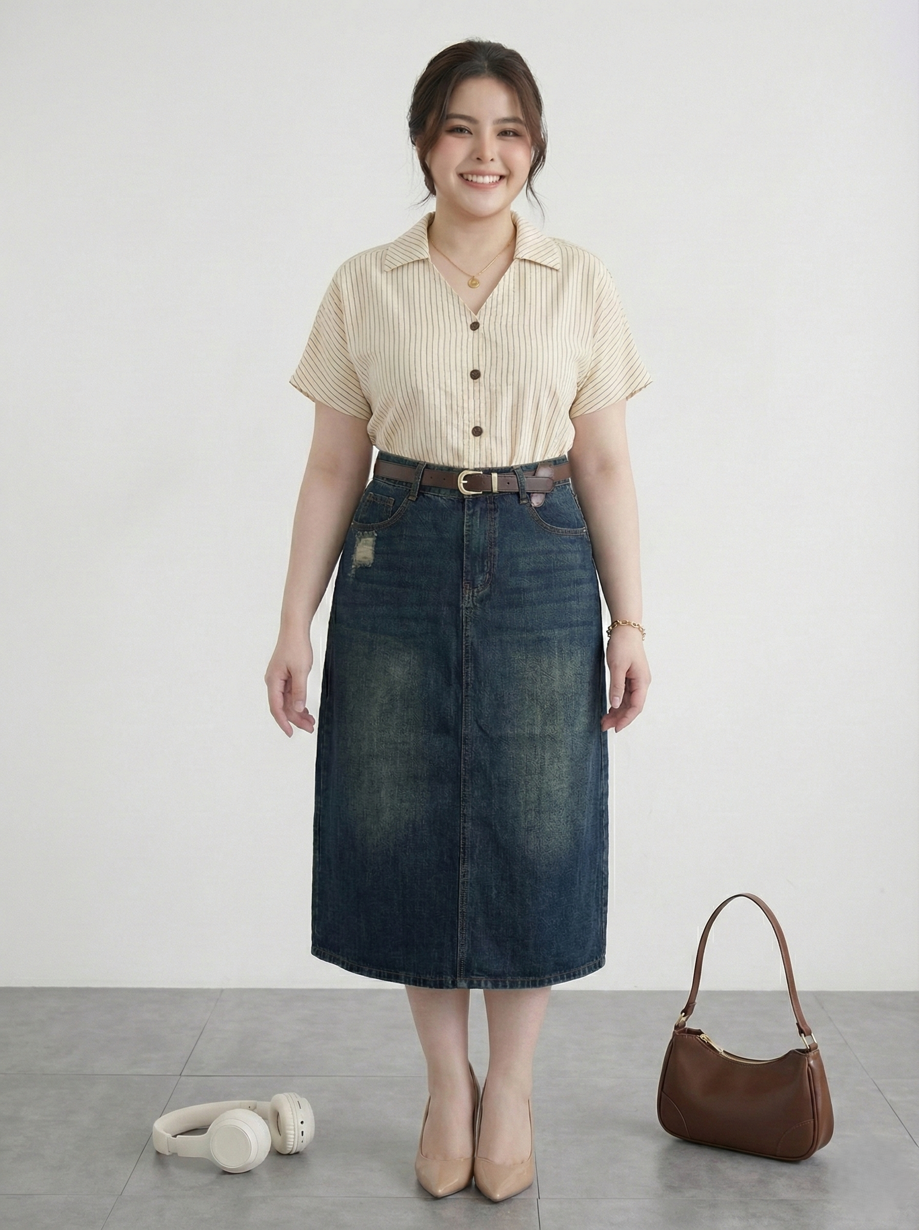 Áo sơ mi form rộng cổ chữ V bigsize AT9046 dành cho nàng béo mập từ 55-90kg