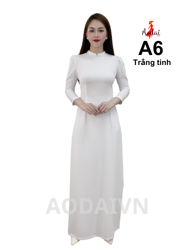 HS6 Áo Dài Học Sinh màu trắng tinh cổ cao 2cm tay bồng, vải lụa Mỹ