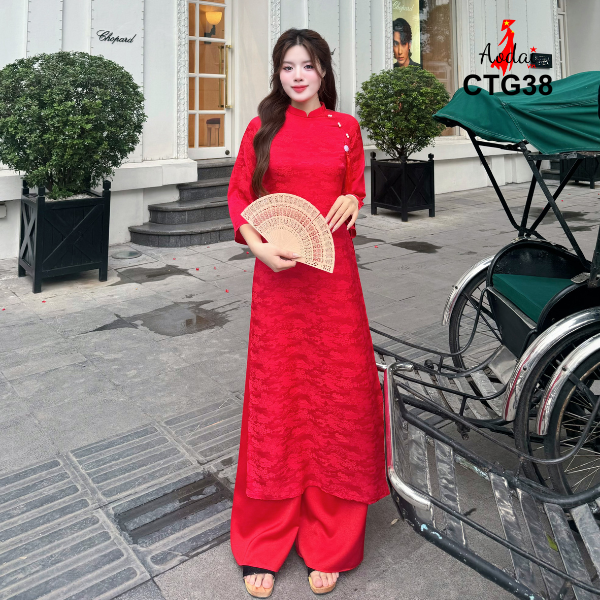 CTG38 Áo dài cách tân Gấm hoa Viên màu đỏ cổ cao 2cm tay_thumbnail_1