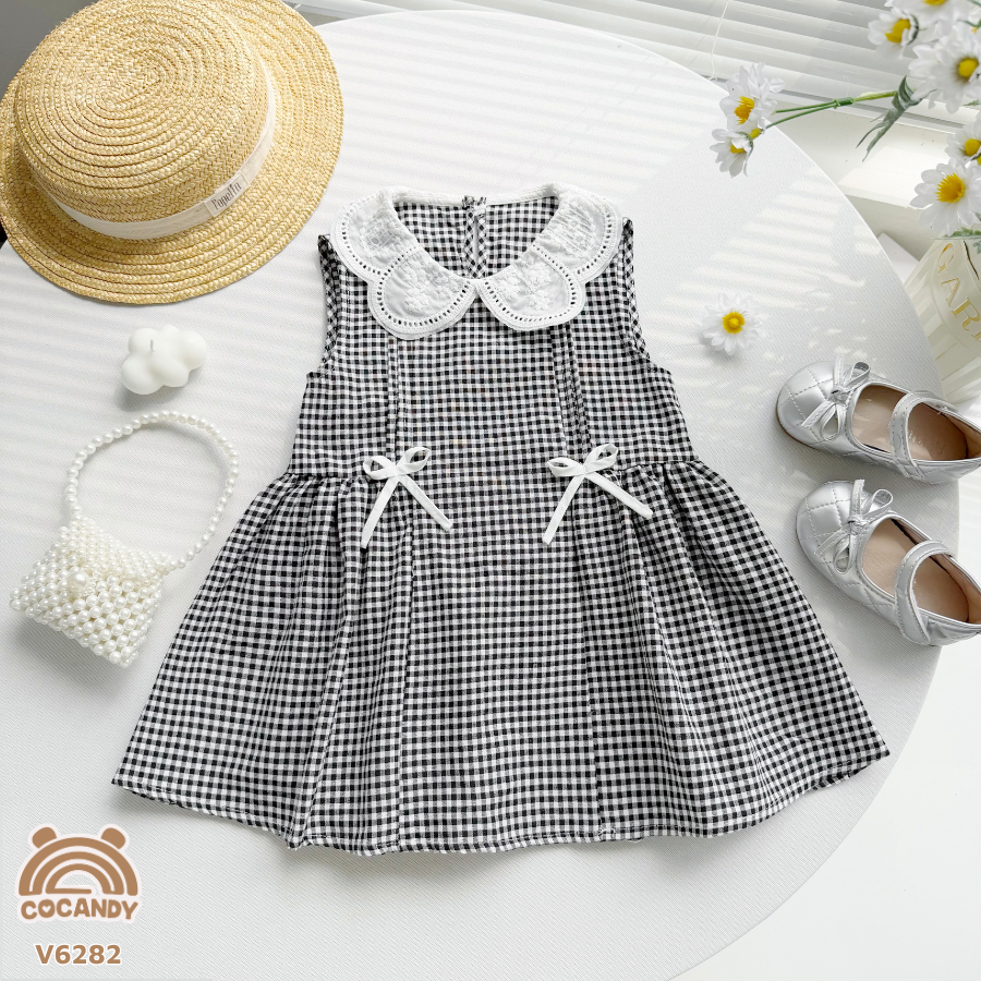 Váy sát nách ĐEN chấm bi nhún phối 2 nơ_thumbnail_1