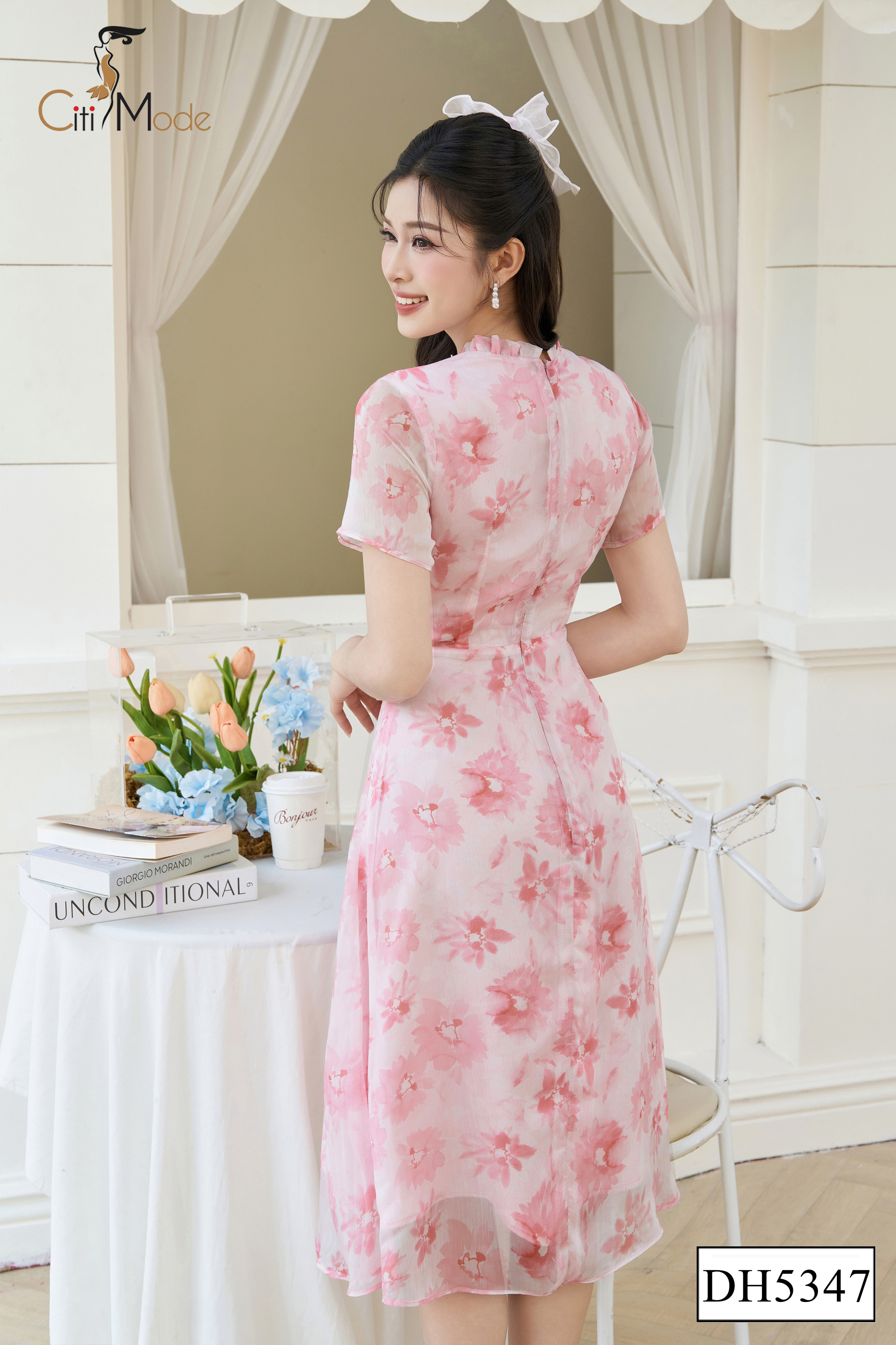 Đầm xòe hoa hồng cổ nhún đính hoa eo_thumbnail_2