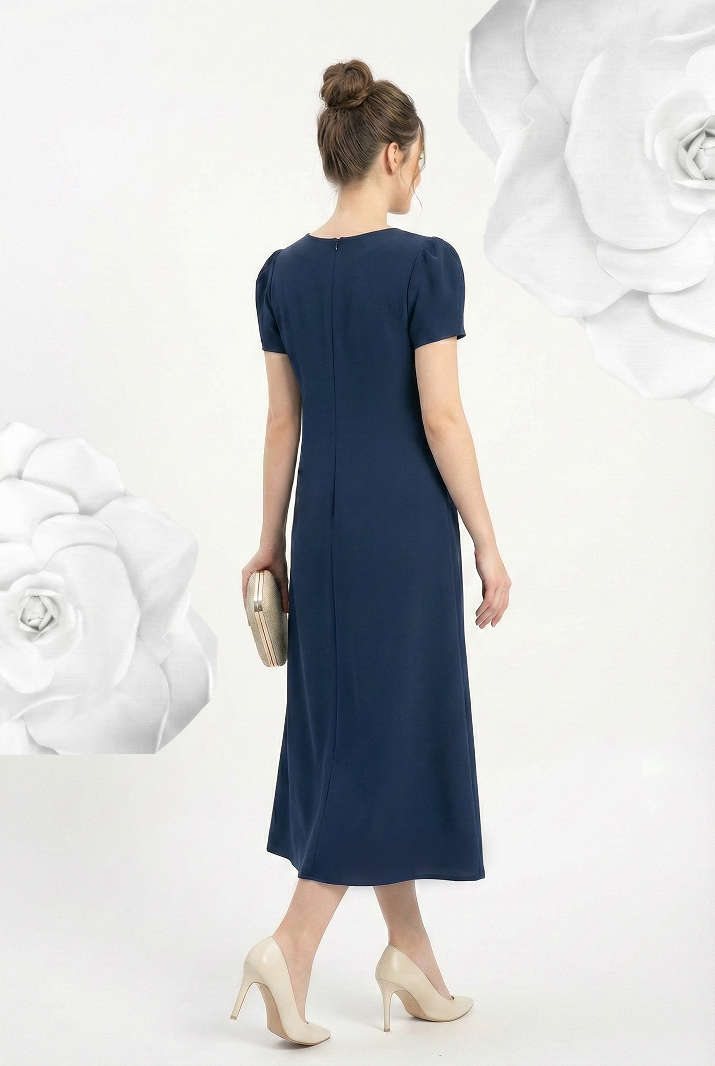 Đầm voan dày xanh than đơn sắc dáng suông cổ V tay ngắn đính hạt thiết kế MAZANO_thumbnail_4