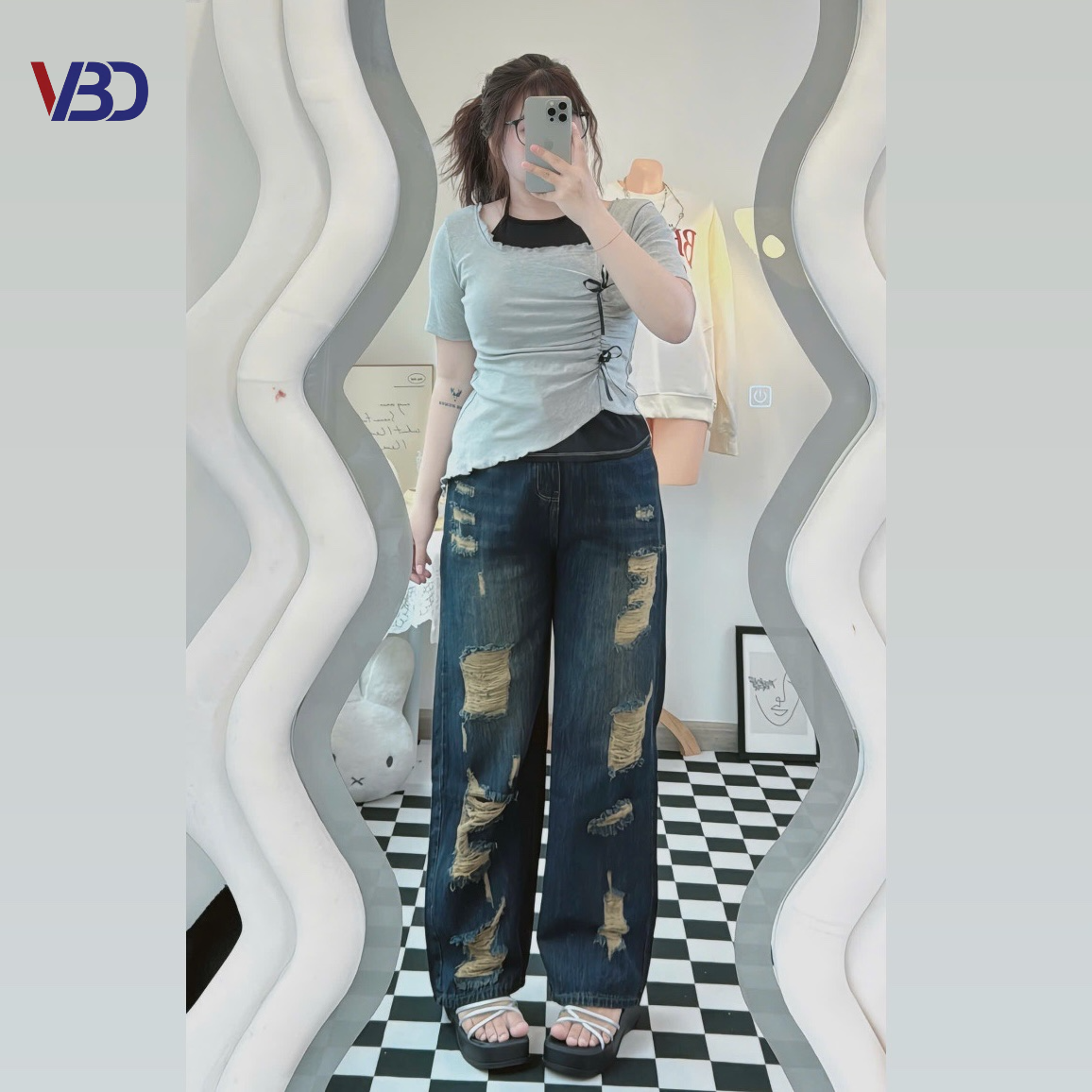 Quần jean suông rách màu mới bigsize QJ5007 dành cho nàng béo mập từ 55-90kg_thumbnail_1