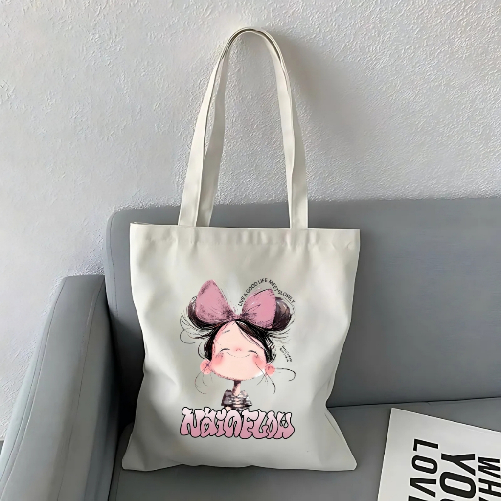 Túi tote vải canvas hình cô gái tóc xù có khóa kéo và ngăn phụ, đi học đi chơi - We Tee TOTE18_thumbnail_8