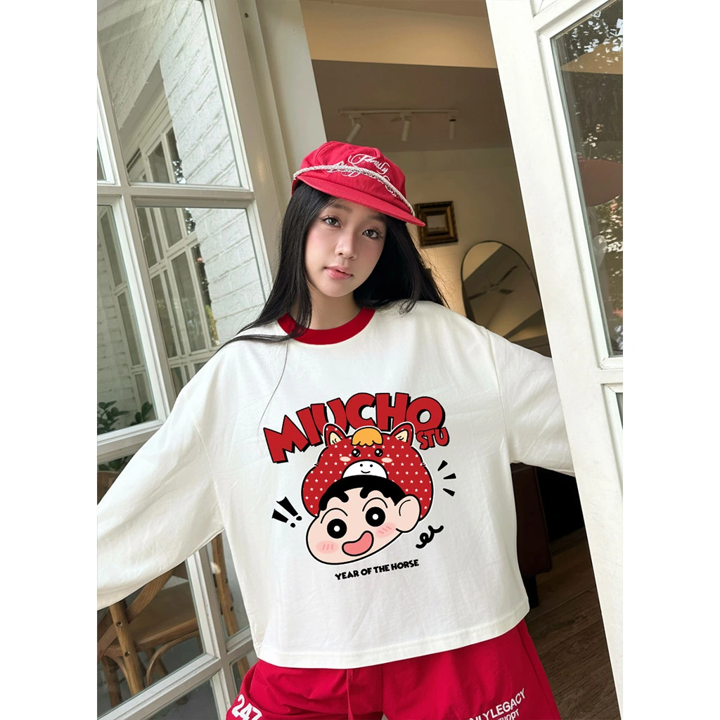 Áo thun boxy tay dài phối cổ be đỏ hoạt hình dễ thương Miucho vải dày dặn thoáng mát 2979_thumbnail_4