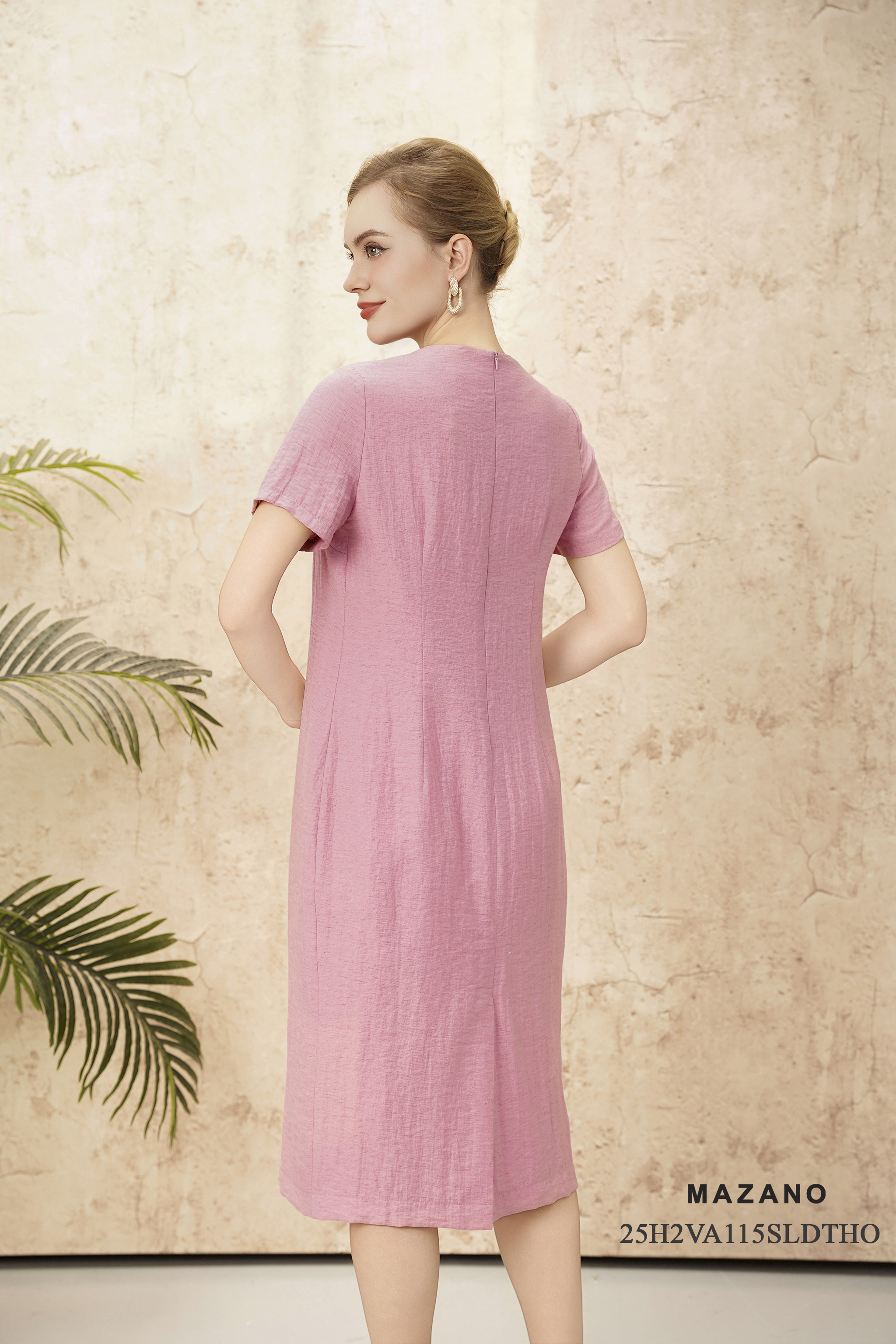 Váy Đầm suông Vải linen lụa Thêu họa tiết thủ công Cổ tròn Tay ngắn Dài trên bắp chân_thumbnail_5