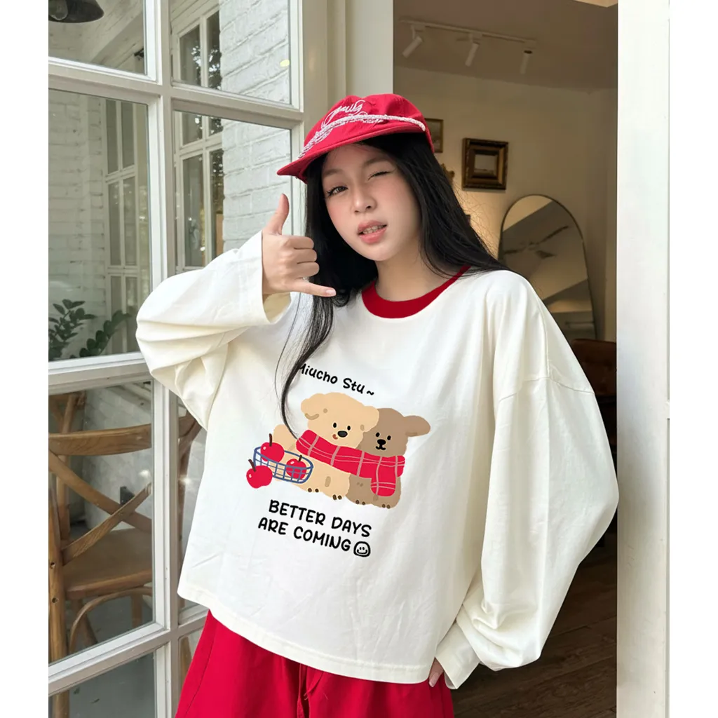 Áo thun boxy nam nữ Miucho vải thoáng mát dày dặn chuẩn form tay dài phối cổ Gấu Teddy in mix 2809_thumbnail_5