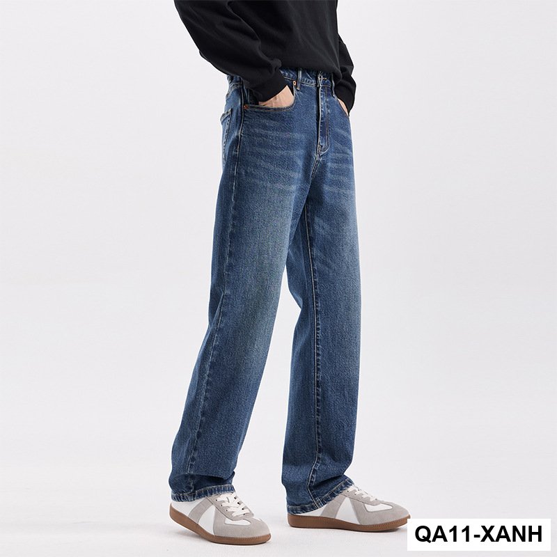 Quần jean xanh cổ điển của Mỹ nam mùa thu đông mới hợp thời trang quần ống rộng dáng ôm vừa vặn giặt hơi loe quần dài_thumbnail_3