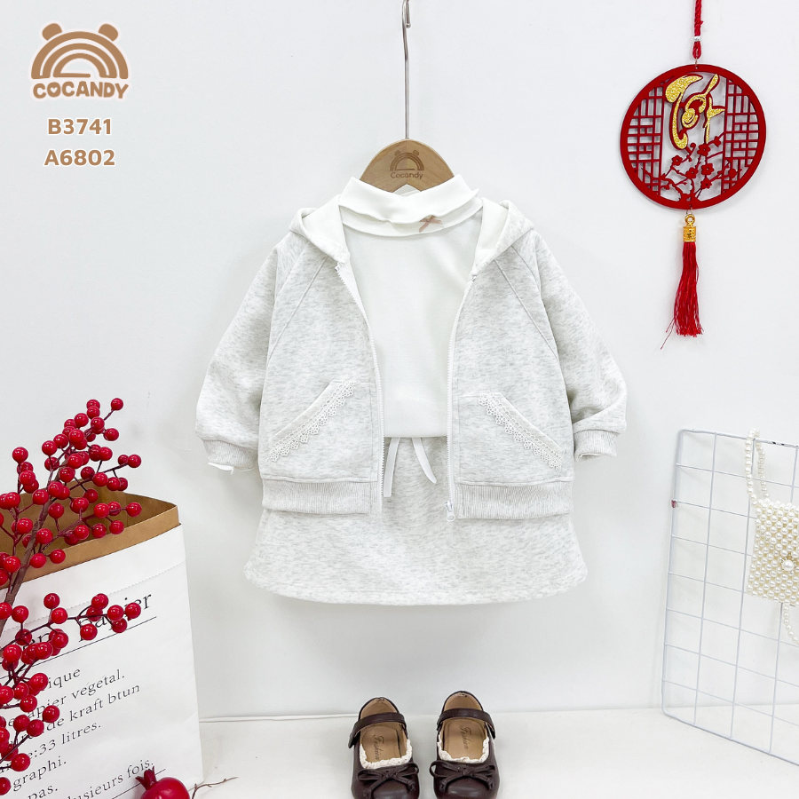 Bộ áo váy XÁM SÁNG túi viền ren tai gấu