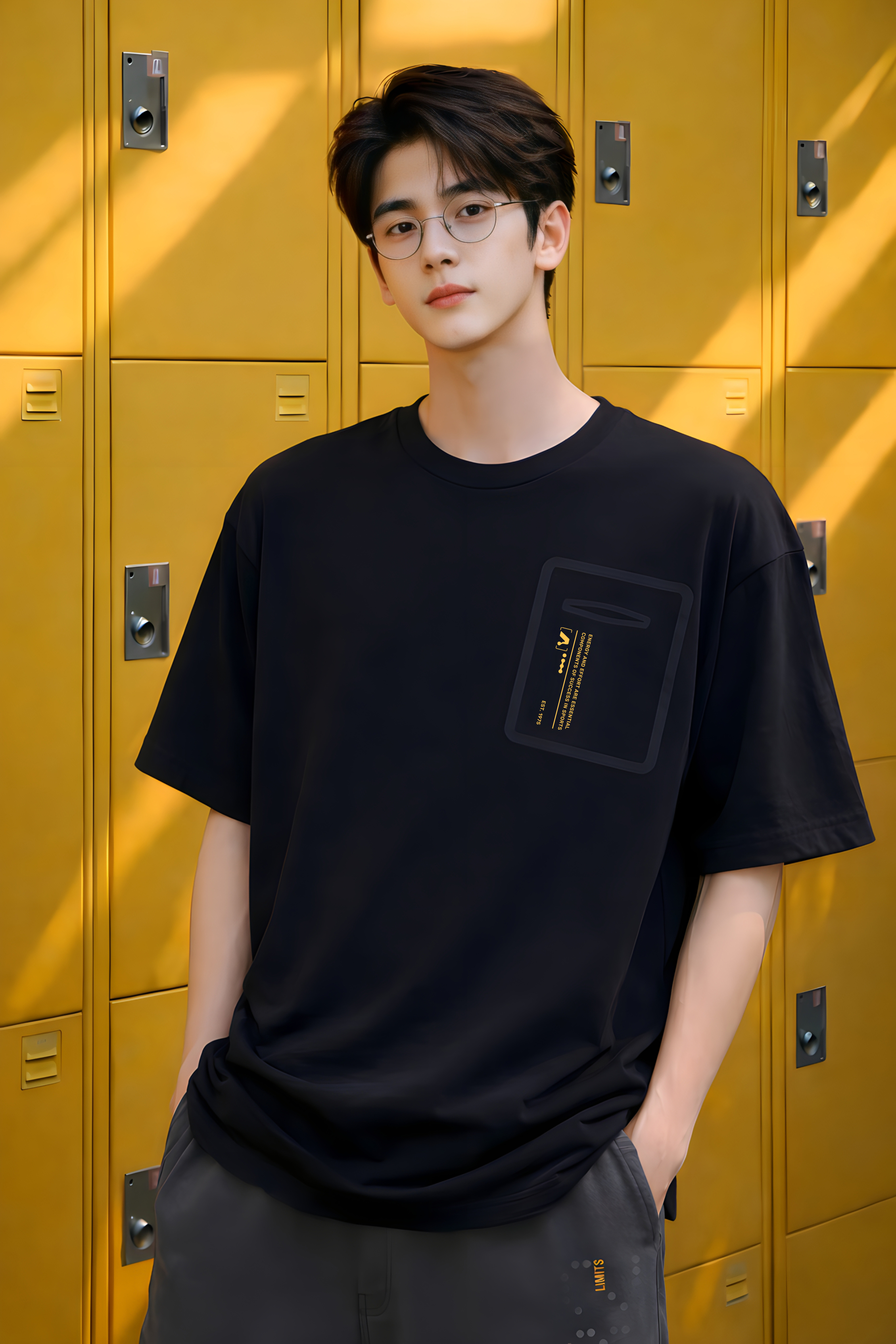 Áo phông dáng rộng bé trai màu đen in hình túi