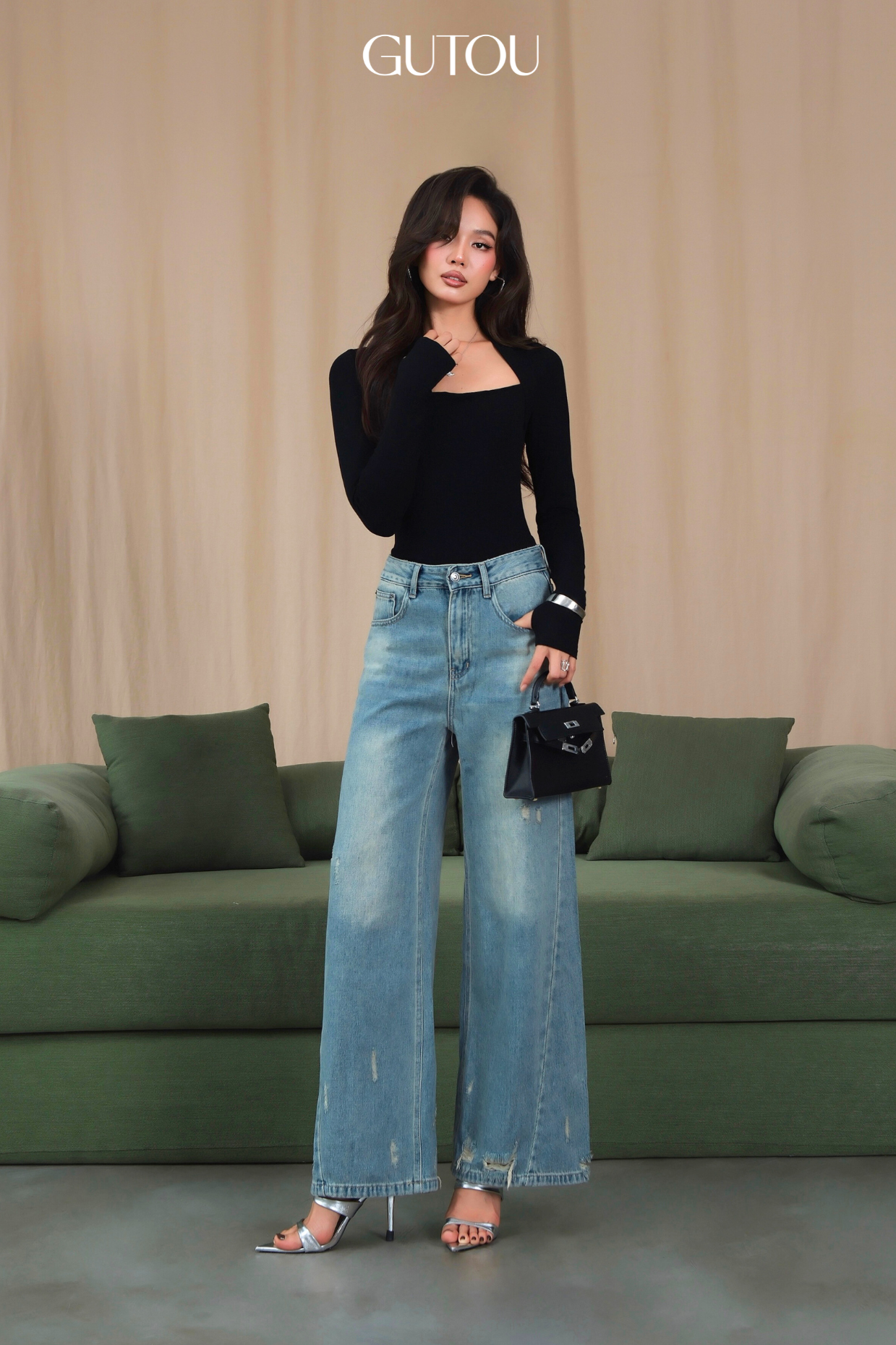 [ GUTOU ] Quần Jeans Suông Wash Xước Aerin Style