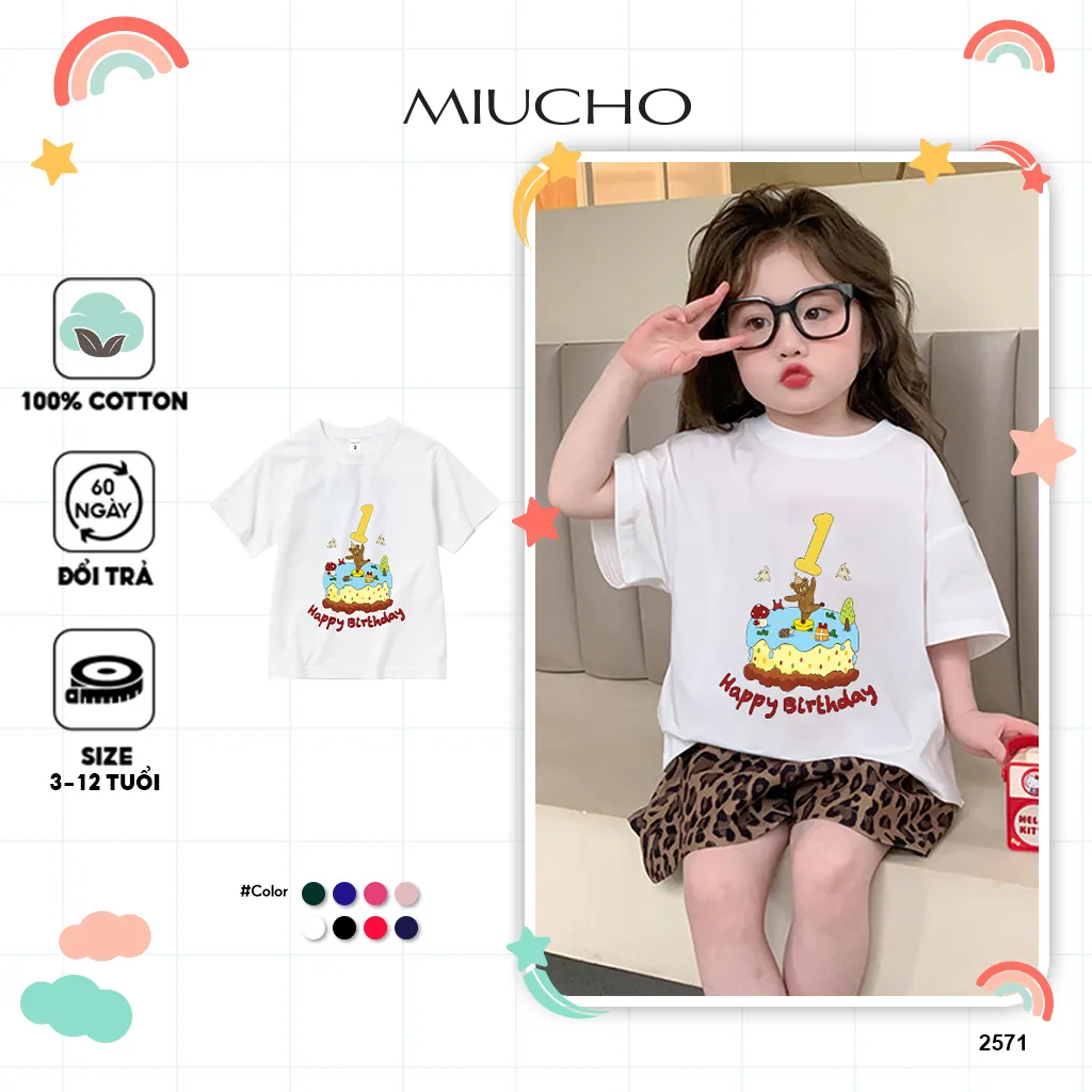 Áo thun cho bé sinh nhật 1 tuổi form rộng 2571 Miucho Kid vải cotton mềm mại thoáng mát thấm hút mồ hôi