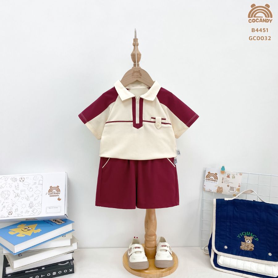 Bộ cộc BE phối đỏ polo cổ khóa