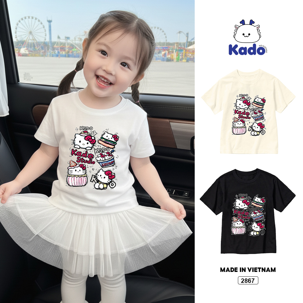 Áo thun cho bé gái Kado vải cotton thoáng mát dày dặn Hello Kitty cổ tròn in mix 2867