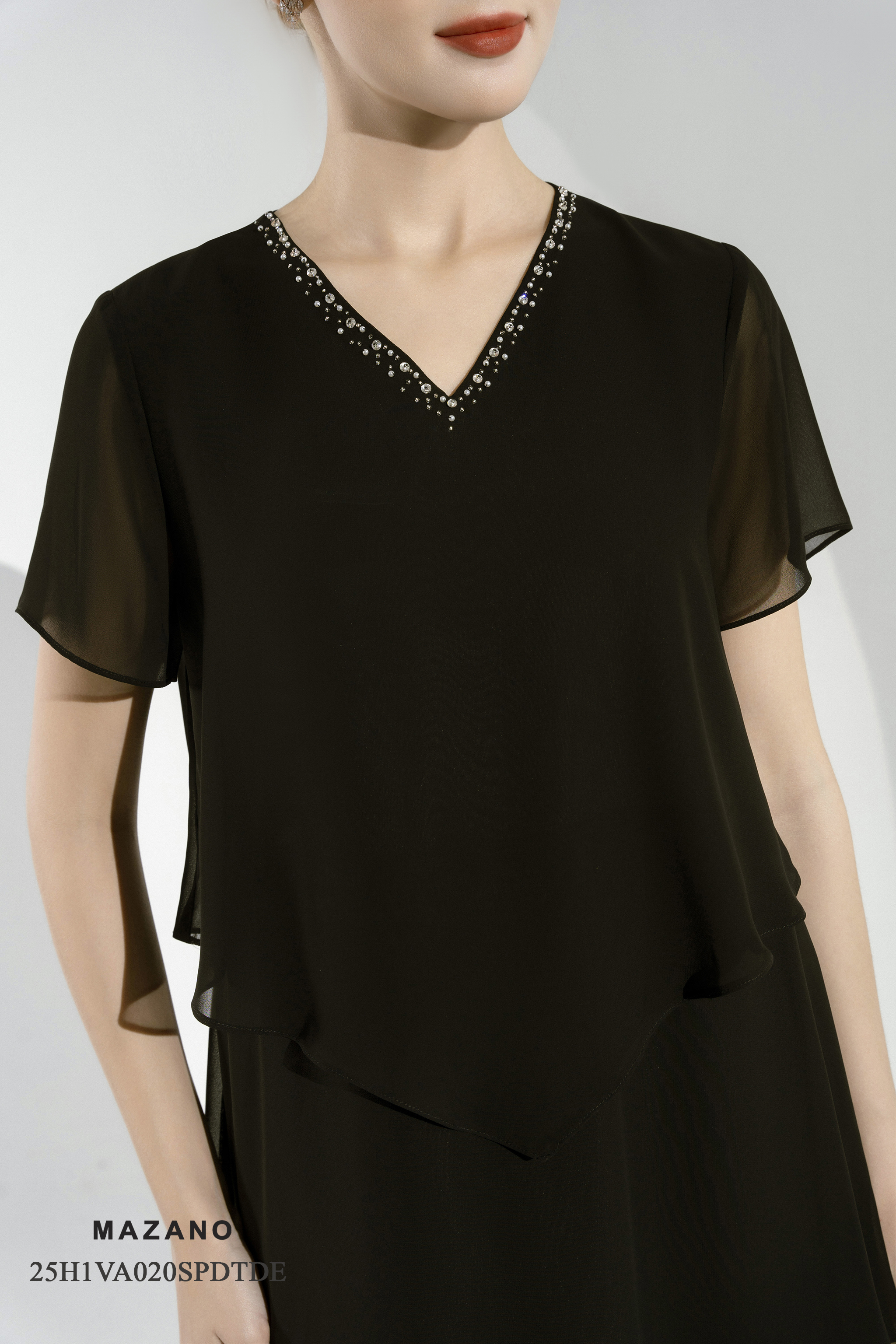 Váy Đầm Suông A layer Vải voan mỏng Đính trang trí Cổ V Tay ngắn Dài váy qua gối_thumbnail_4