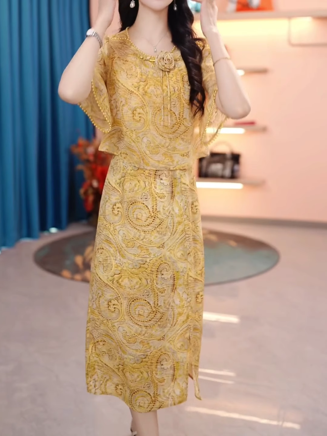 16994-Đầm voan  giả  rời in hoạ tiết 3D màu vàng  ( voan, lót)_thumbnail_0