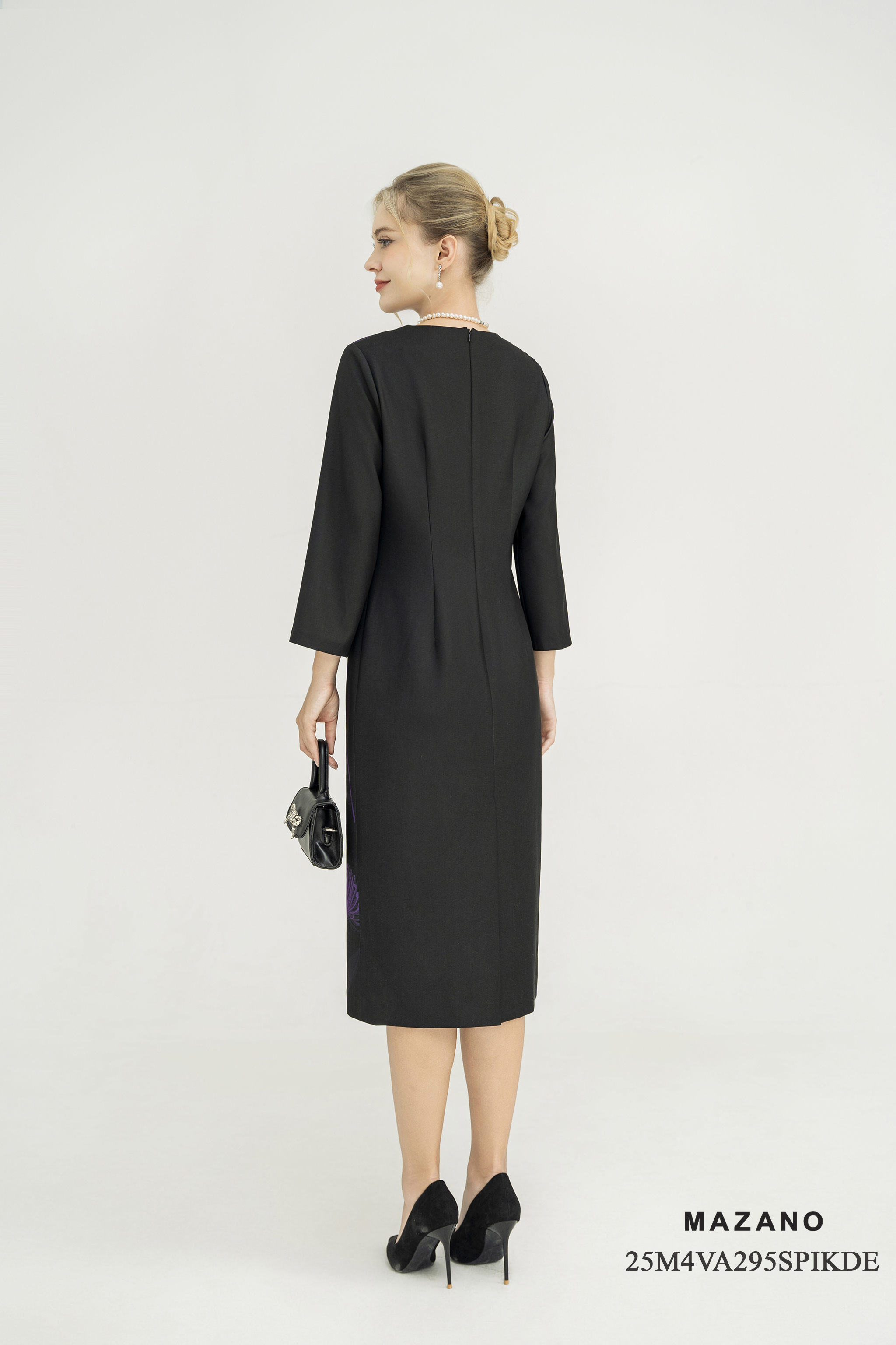 Váy Đầm Suông Vải thô dày Hoạ tiết hoa tím  Cổ tròn Tay dài Dài đến bắp chân_thumbnail_4