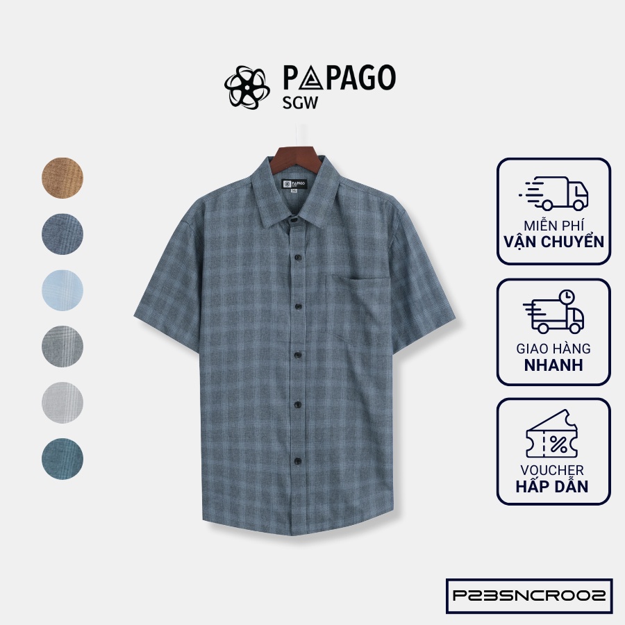 Áo sơ mi nam trung niên PAPAGO tay ngắn lai ngang sọc caro vải xô đũi - P23SNCR002_thumbnail_2