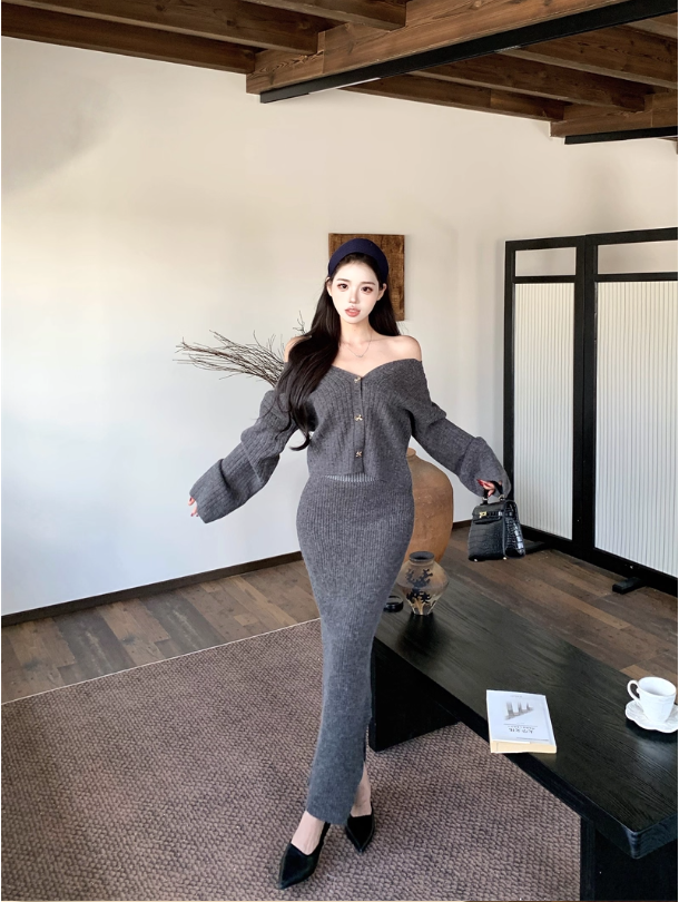 Set Len Gân Dài – Cardigan Trễ Vai Thanh Lịch