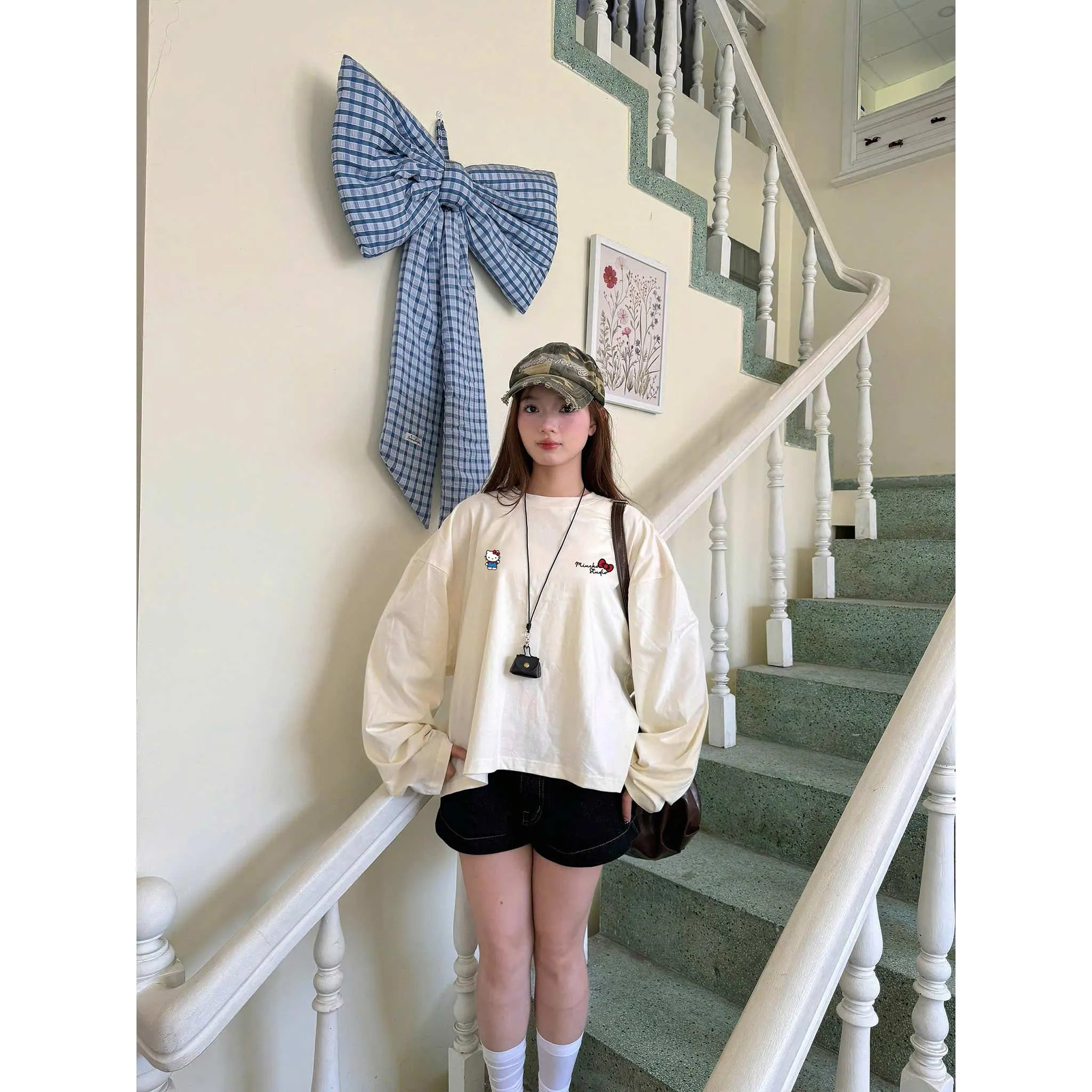 Áo thun boxy tay dài kitty dễ thương 2645 Miucho vải cotton 2c thoáng mát cổ tròn in mix_thumbnail_3