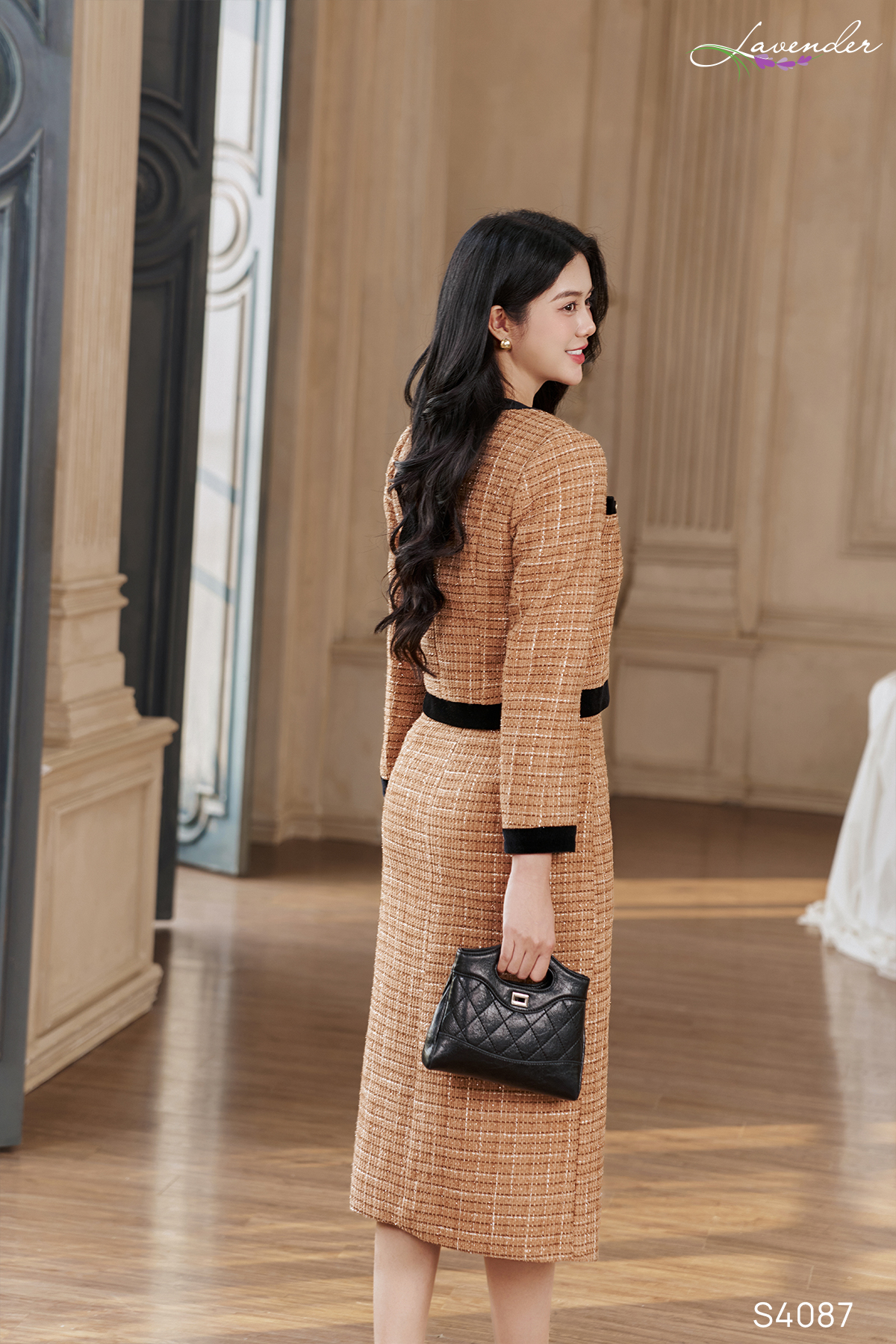 Set dạ tweed vàng nâu cổ tròn phối túi S4087_thumbnail_1