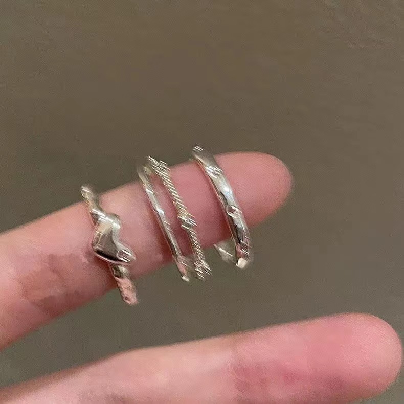Nhẫn hở hình trái tim đơn giản dành cho nữ thiết kế độc đáo phong cách sang trọng, nhẫn ngón trỏ xếp chồng cao cấp Màu sắc: nhẫn ba mảnh (không có kim cương)