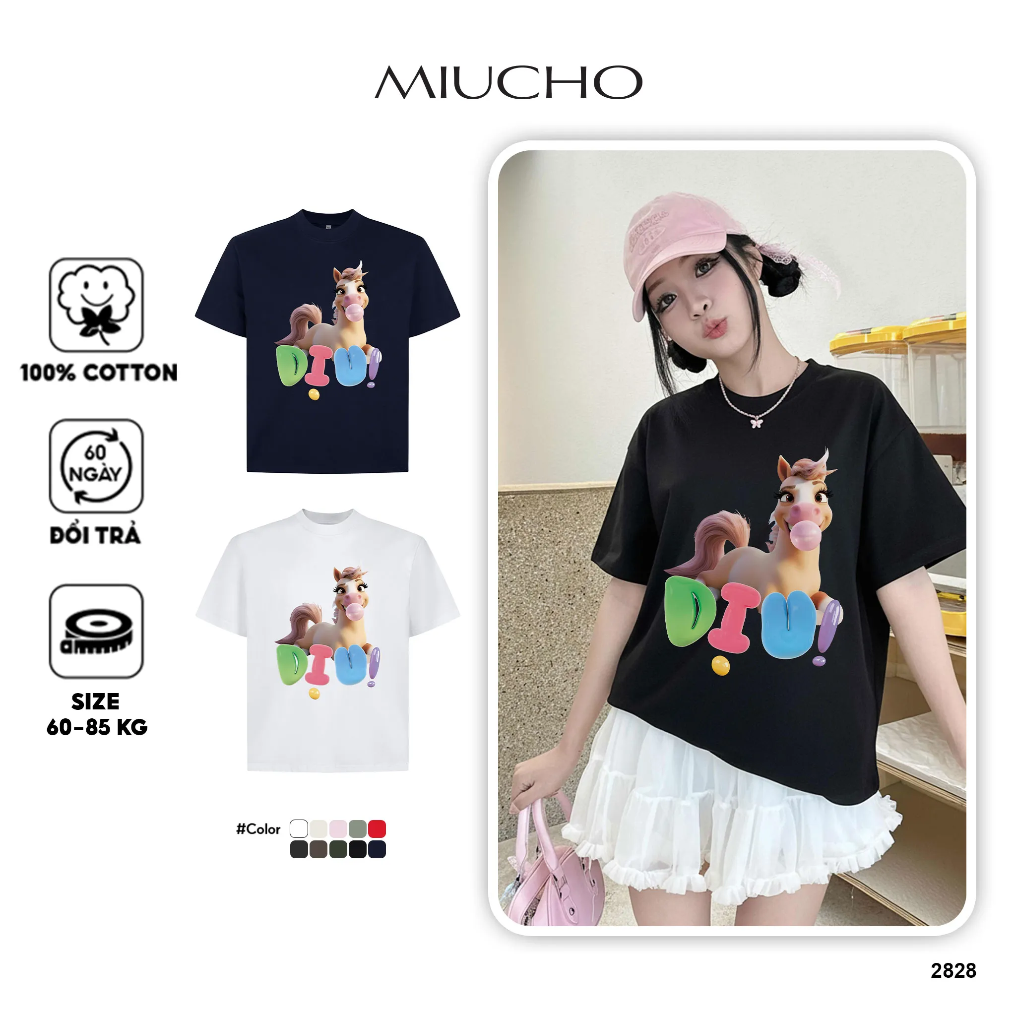 Áo thun nữ form boxy Miucho Club cotton dày dặn thoáng mát cổ tròn hình ngựa dễ thương in mix 2828