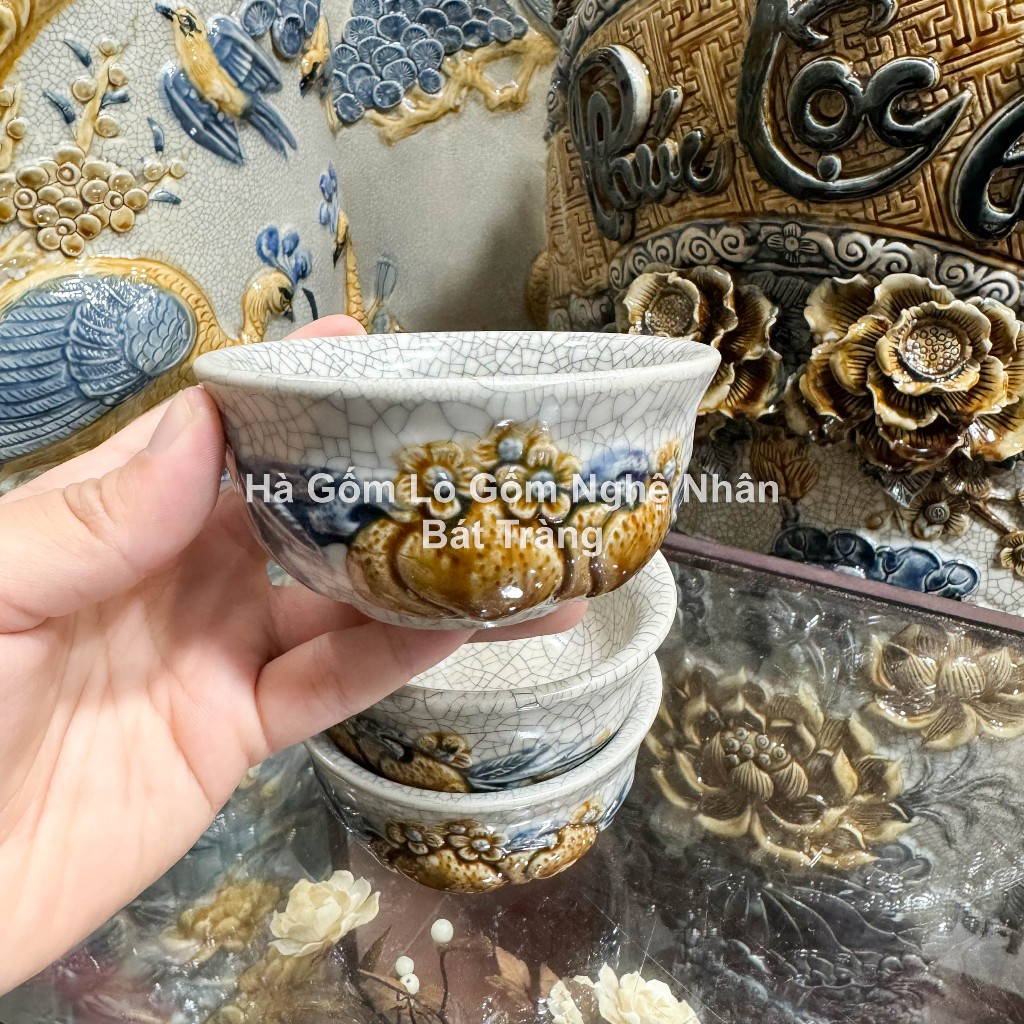 Bát Cúng, Bát Cơm (Tặng Bộ Đũa) Bộ Đắp Nổi Đồ Thờ Men Rạn Bát Tràng Nghệ Nhân Chế Tác_thumbnail_1