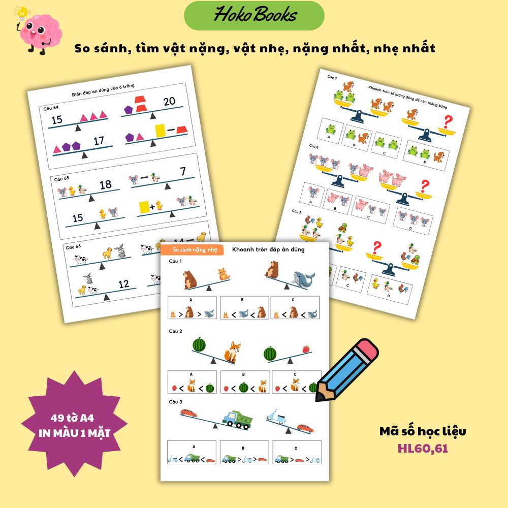 HL60, HL61 Học liệu So sánh nặng nhẹ, nặng nhất, nhẹ nhất Hokobooks