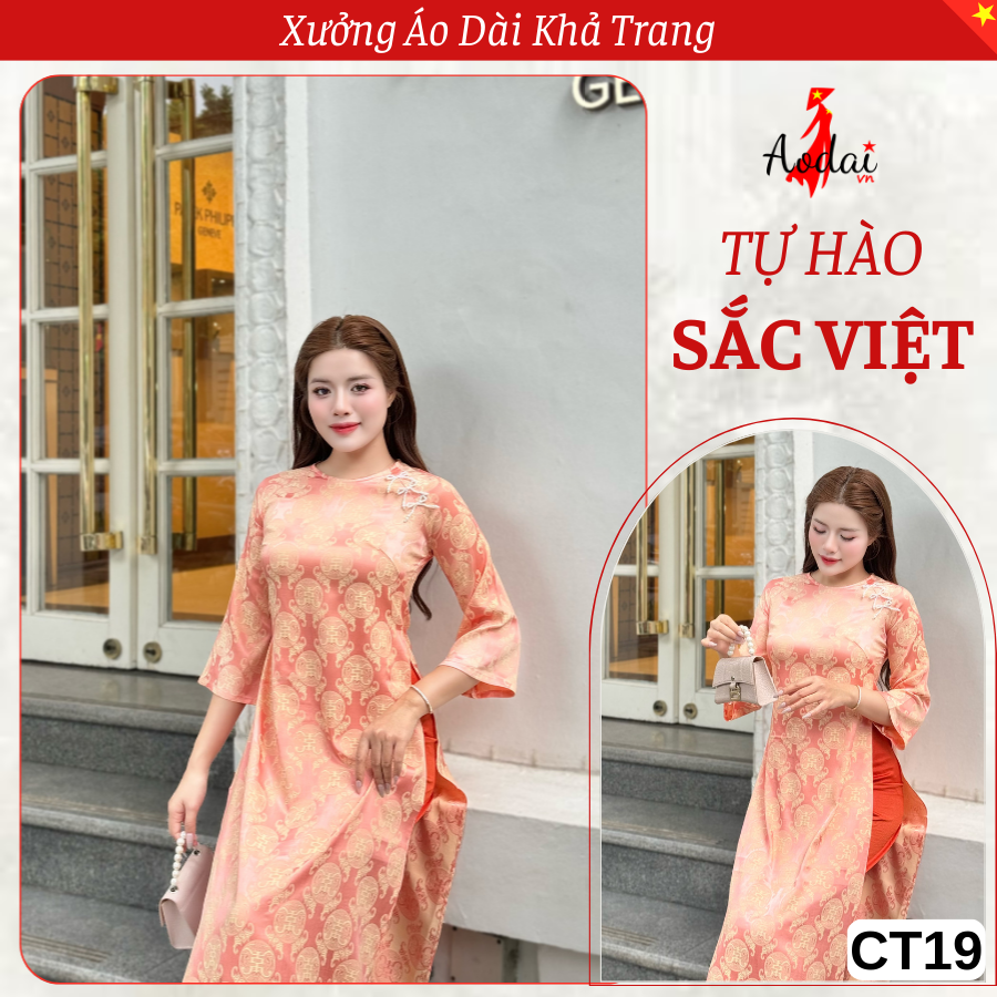 CT19 Cách Tân Gấm Dạng Suông Thọ Rơi màu Cam Sữa Cổ Tròn Tay Lỡ_thumbnail_3