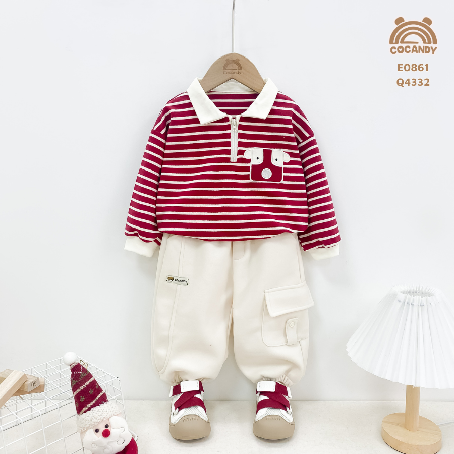 Áo dài polo kẻ ĐỎ cổ khóa phối túi tai lật