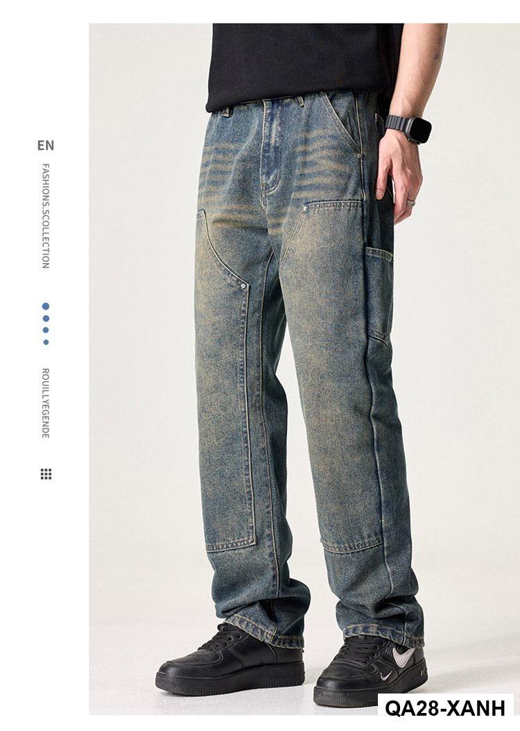 Quần Jean Nam Đường Phố Mỹ Cao Cấp – Retro Giặt Đau Khổ, Rách Hai Đầu Gối, Dáng Thẳng Màu Vàng Bùn_thumbnail_3