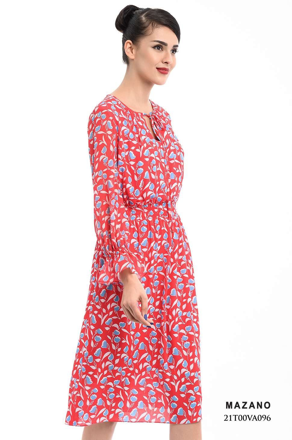 Đầm đỏ họa tiết chun eo thắt nơ cổ_thumbnail_2