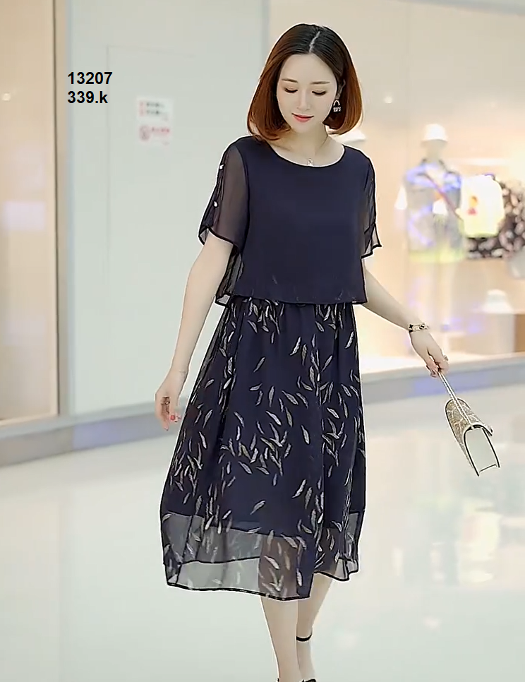 13207-Đầm xòe cổ tròn giả áo rời in họa tiết lông vũ_thumbnail_2