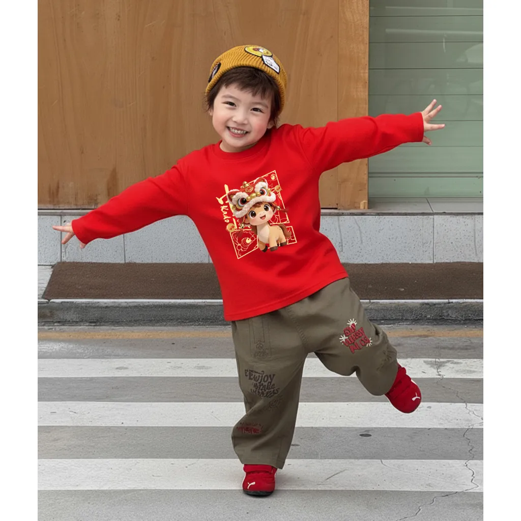 Áo thun Tết bé trai bé gái Ngựa Kỳ Lân Kado vải cotton thoáng mát tay dài cổ tròn 2983_thumbnail_2