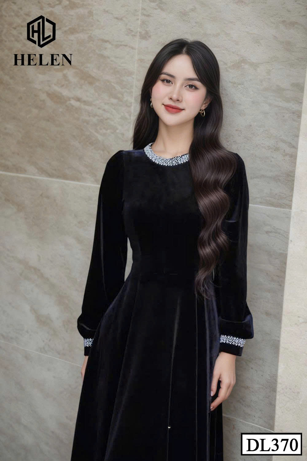 Đầm xòe nhung đen phối cổ DL370