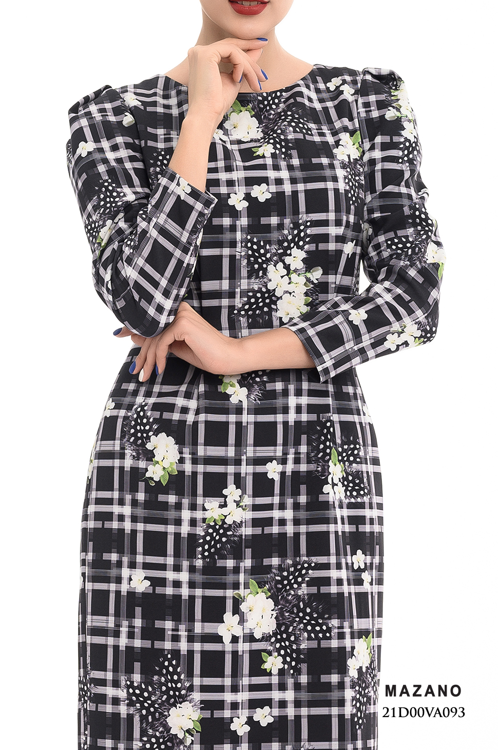 Đầm ôm họa tiết kẻ đính hoa thủ công phối tay bồng_thumbnail_2