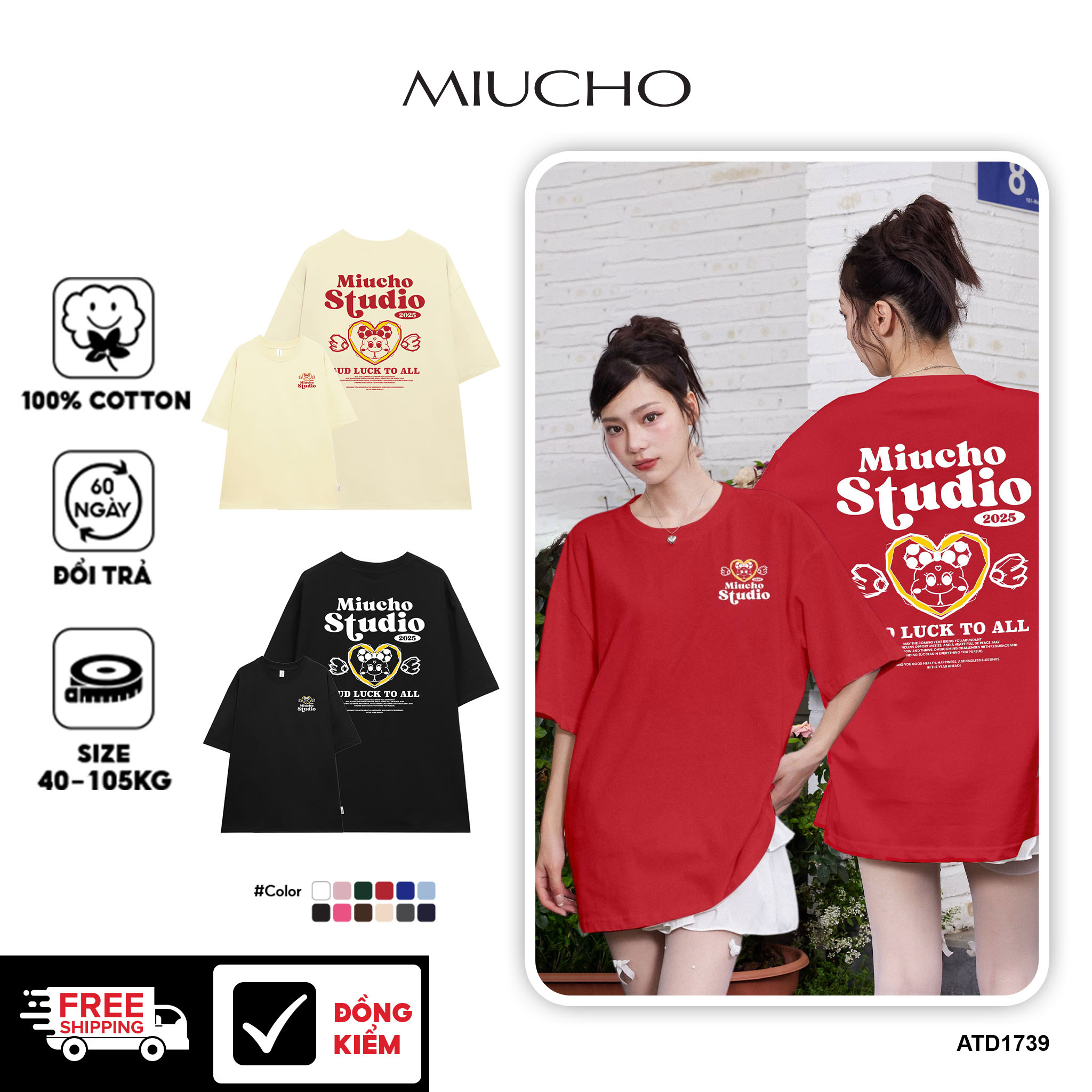 Áo thun tết form rộng local brand chất vải cotton thoáng mát ATD1739 Miucho in mix