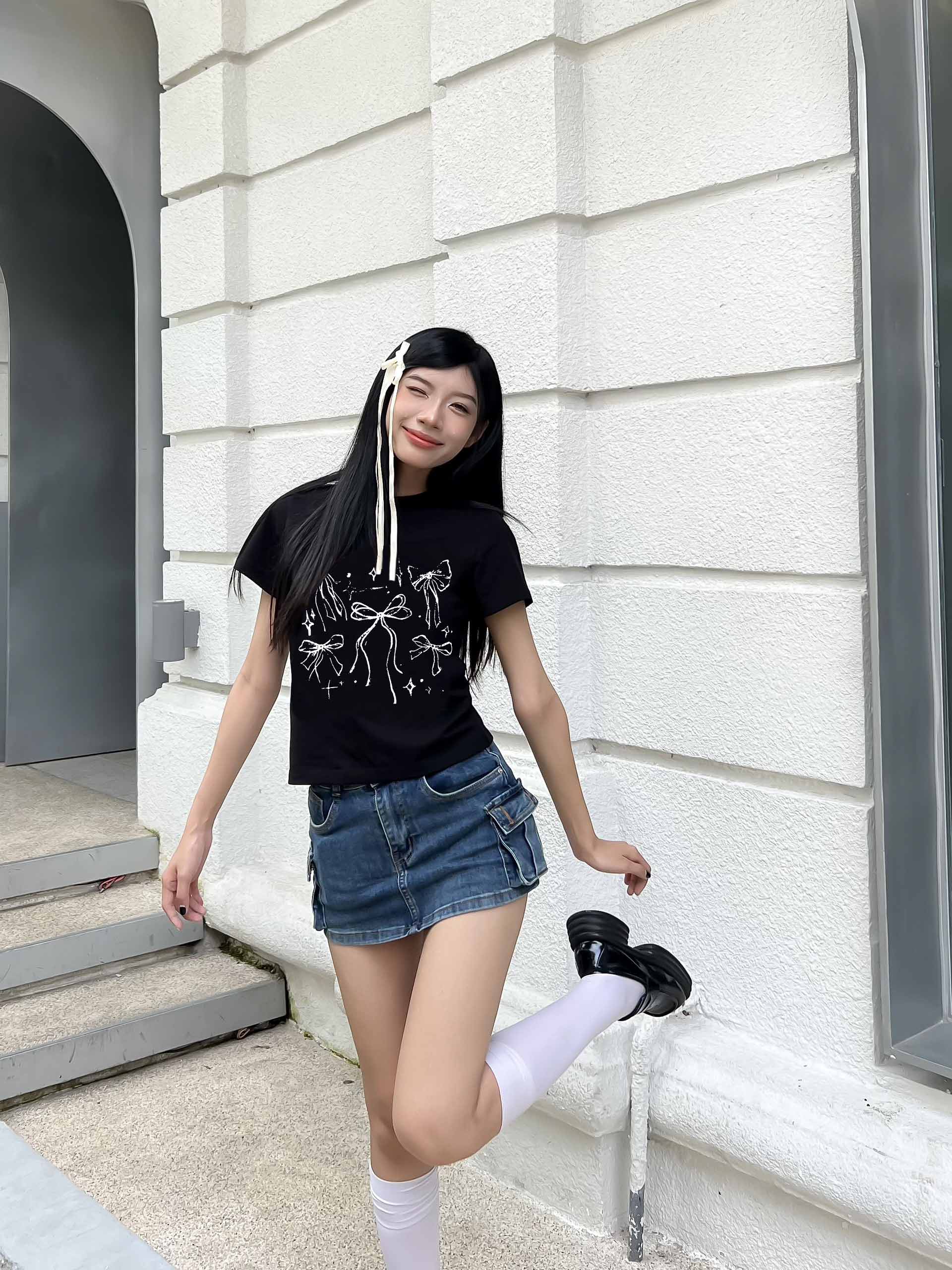 Áo thun baby tee nơ conquette xinh form ôm ABD1311 Miucho tay ngắn cổ tròn hotrend in mix_thumbnail_6