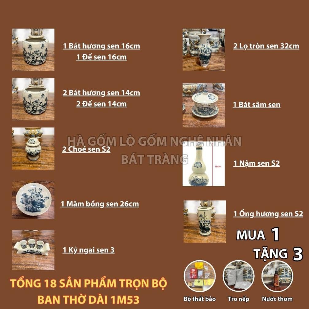 HG118 Đồ Thờ Cúng Bộ 18 món ban thờ 1M53 men rạn trơn nghệ nhân Bát Tràng chế tác TẶNG Thất Bảo, Tro Nếp_thumbnail_1