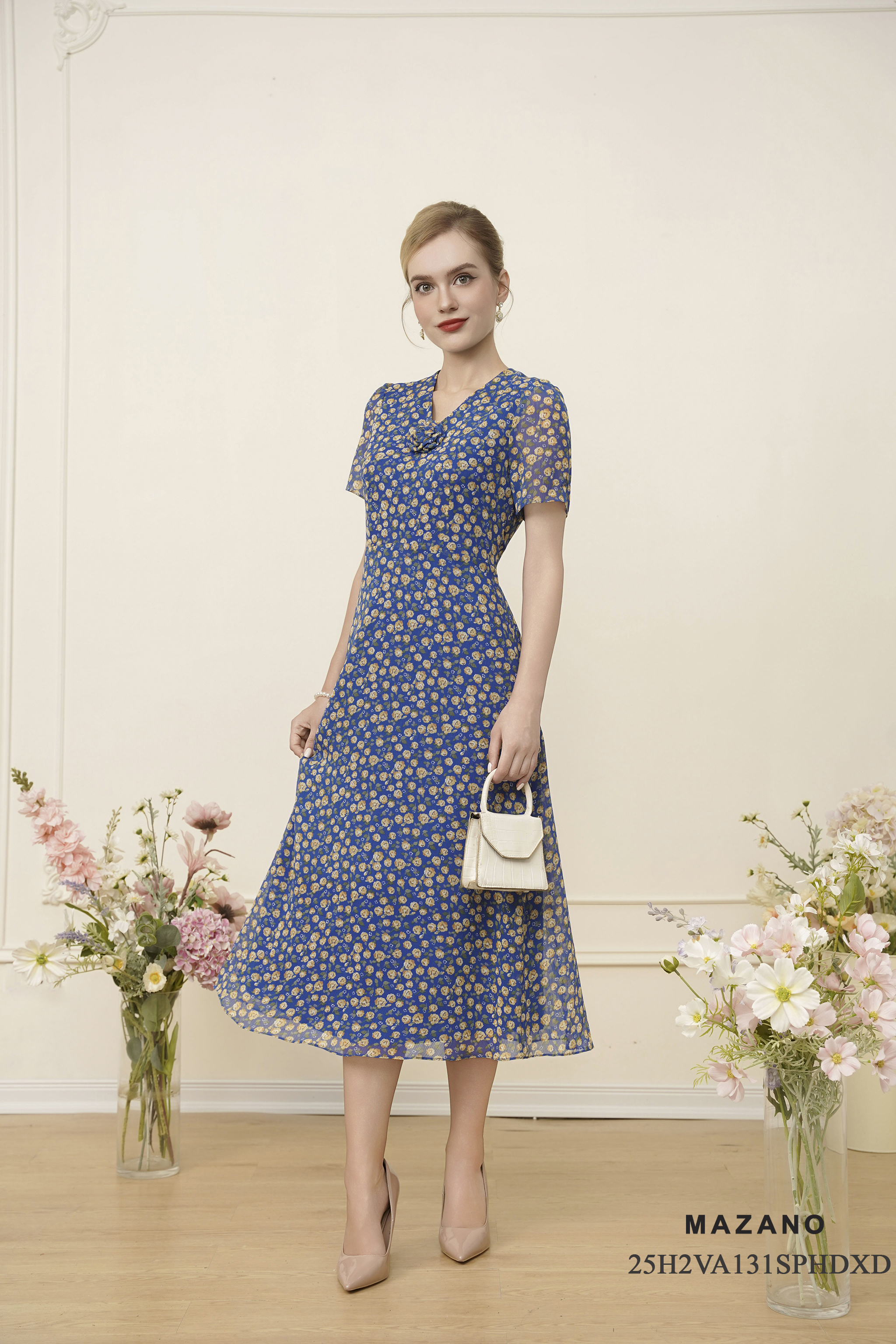 Váy Đầm Ôm Vải chiffon Hoạ tiết hoa nhí Cổ V Trang trí cuốn hoa Tay ngắn Dài đến mắt cá chân