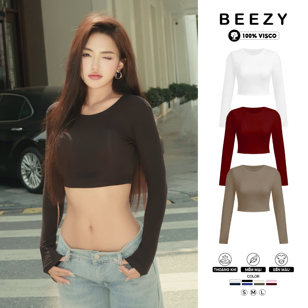 Áo tay dài ôm body croptop Beezy cổ tròn AT00044 vải visco 4 chiều hack dáng mềm mại thoáng mát