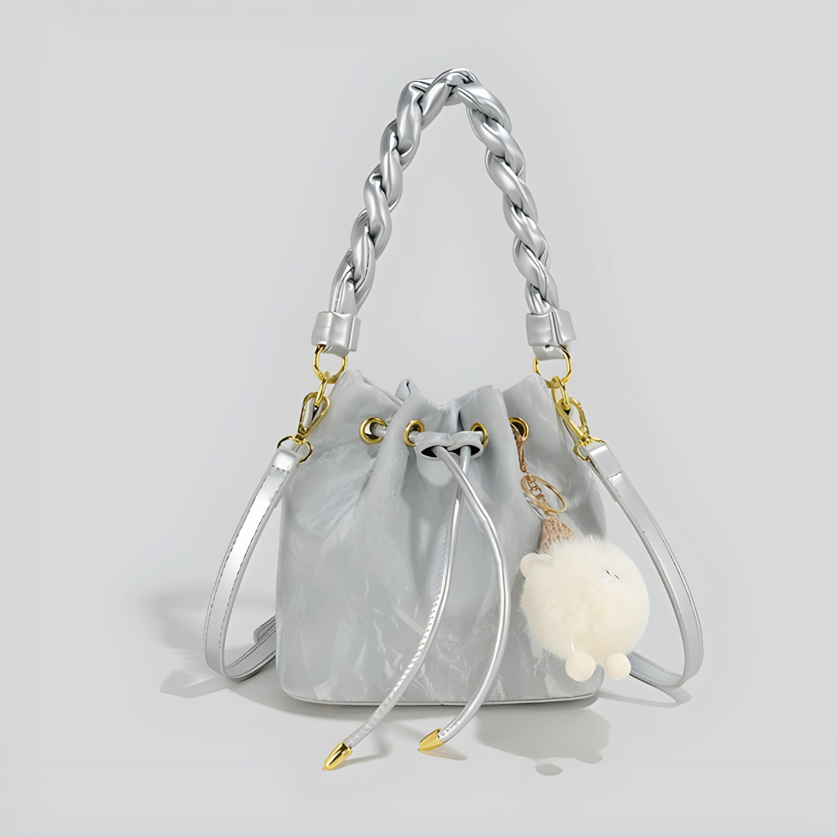 UHE Moon Puff 2509 – túi bucket da cao cấp, quai xoắn thời trang, charm bông xinh xắn, 3 màu hồng - trắng kem - xám bạc_thumbnail_7