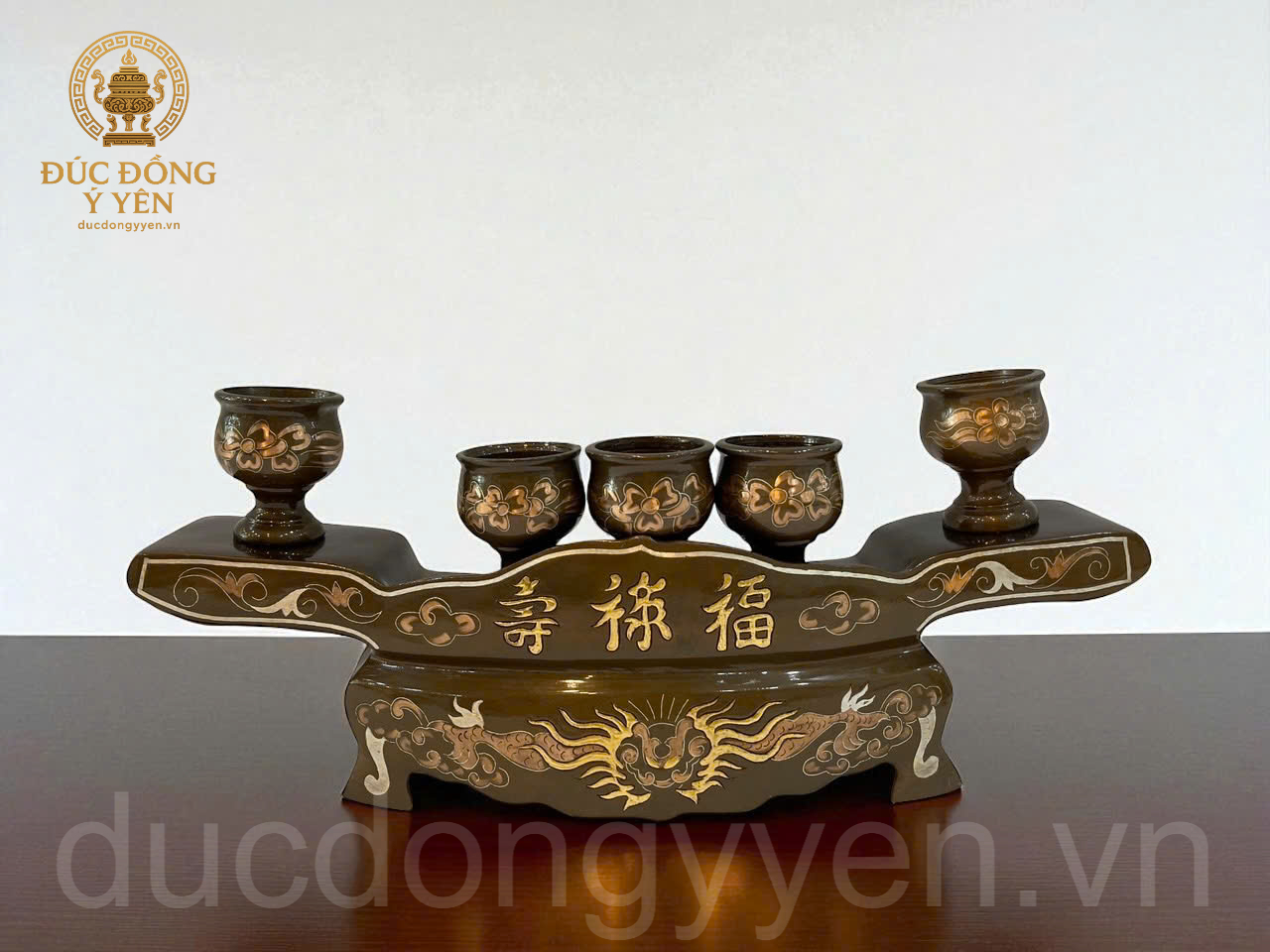 Bộ ngai chén thờ khảm tam khí đúc đồng đỏ 