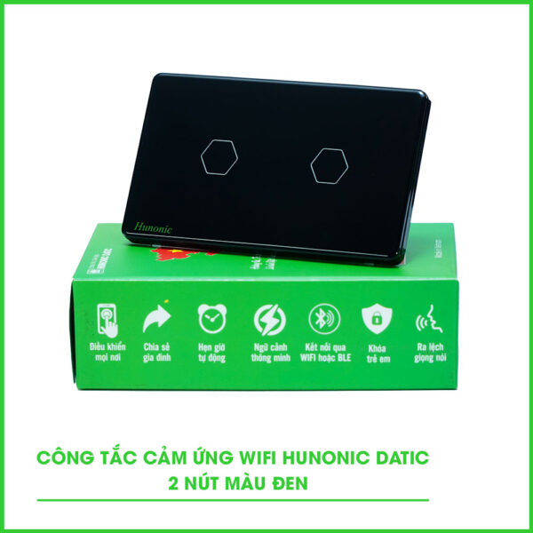 Công tắc cảm ứng WiFi Hunonic Datic 2 Nút, màu Đen
