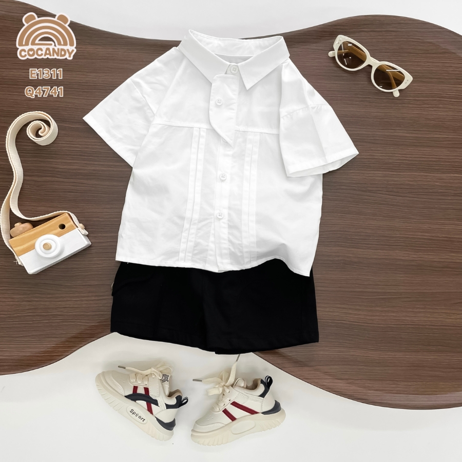 Áo cộc sơ mi TRẮNG 4 ly vạt lệch