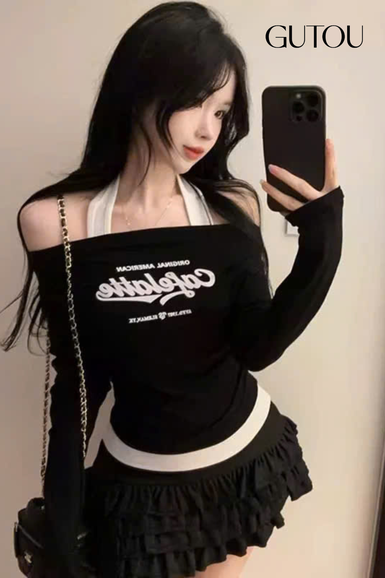 [ GUTOU ] Áo Trễ Vai Tay Dài Cafelatte