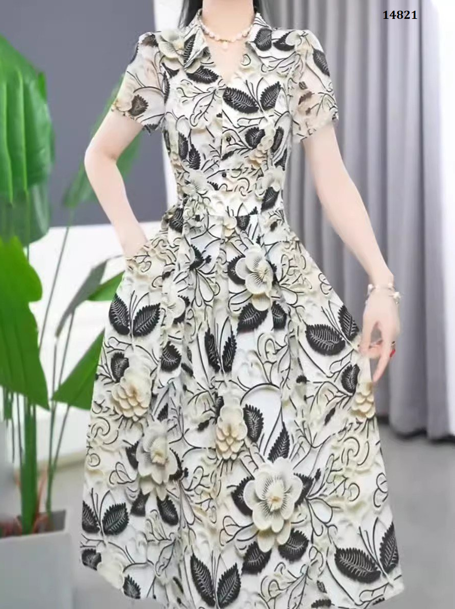 14821-Đầm xòe  cổ bẻ  eo thắt nơ in hoa 3D ( lụa mango in 3D)_thumbnail_0