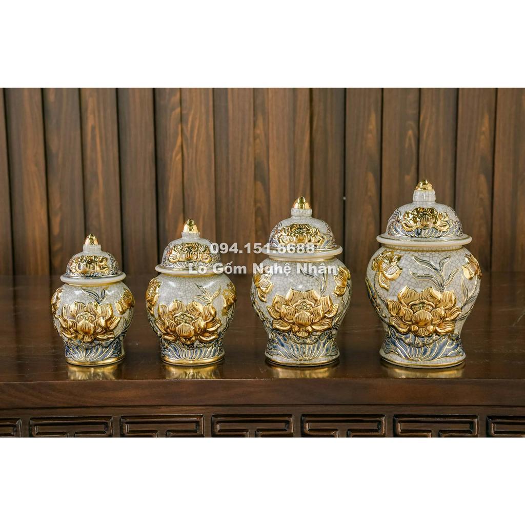 Bộ Đồ Thờ Men Rạn Hoa Sen Vẽ Vàng 24K 9999 Nghệ Nhân Chế Tác Cao Cấp Bát Tràng_thumbnail_5